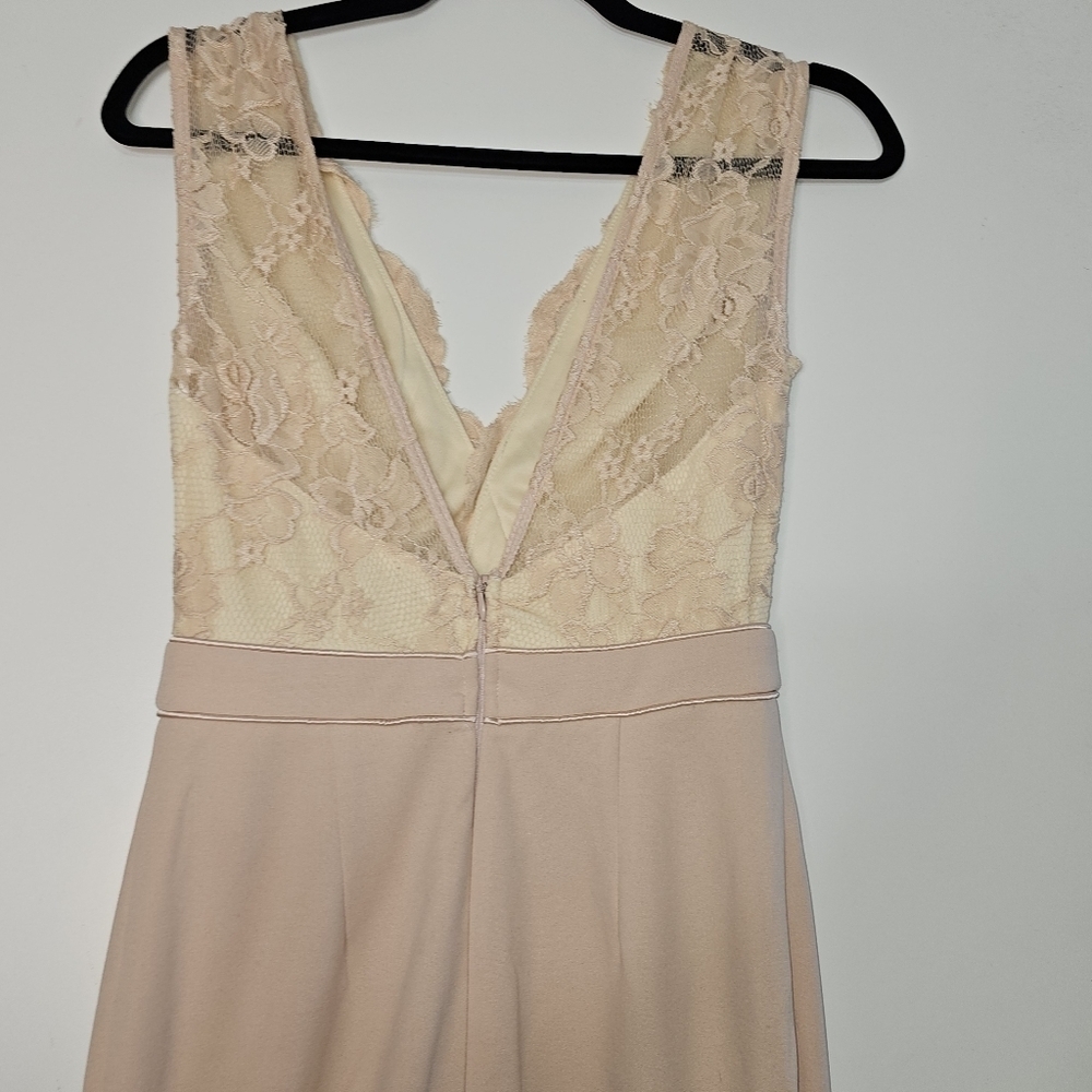Maniju Blush Beige Scalloped V Neck Lace Sleeveless Top Side Slit Maxi Dress S - Picture 13 of 13